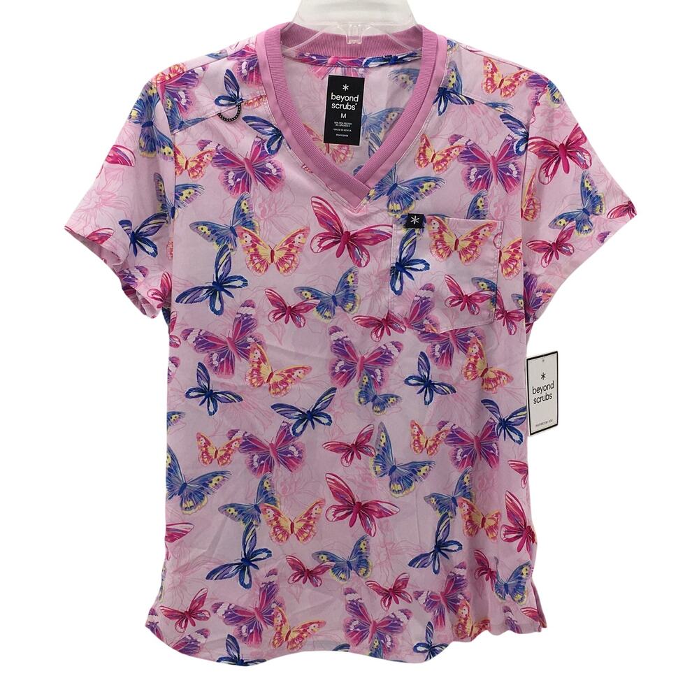Beyond Scrubs NWT Medium M Dreamy Butterfly Pink Happy Dream V neck Top Nursing